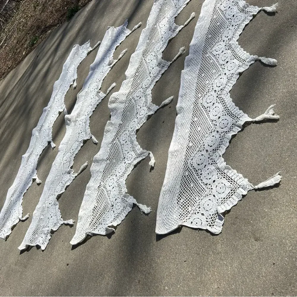 Vintage Crochet Flower and Tassel Window Valences Boho Cottagecore SET 4 6’x20”